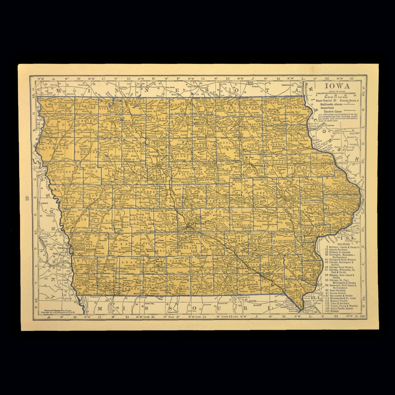 ca1939 IOWA Railroad Map Depot Towns CRI&P RW Historic Original Atlas Map