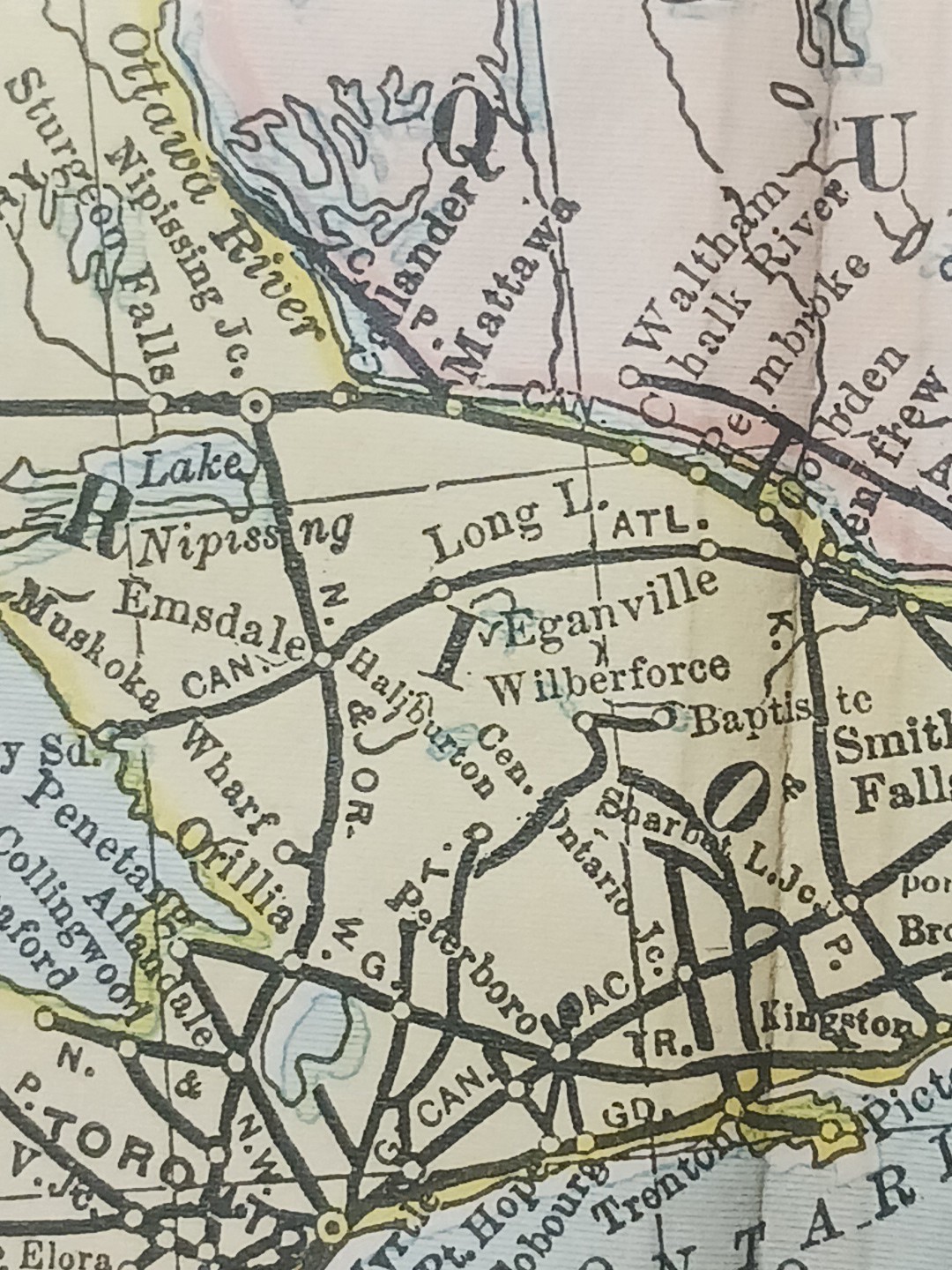 ~1898 ANTIQUE Railroad Map EASTERN CANADA Train Route Stations 9″x 11″