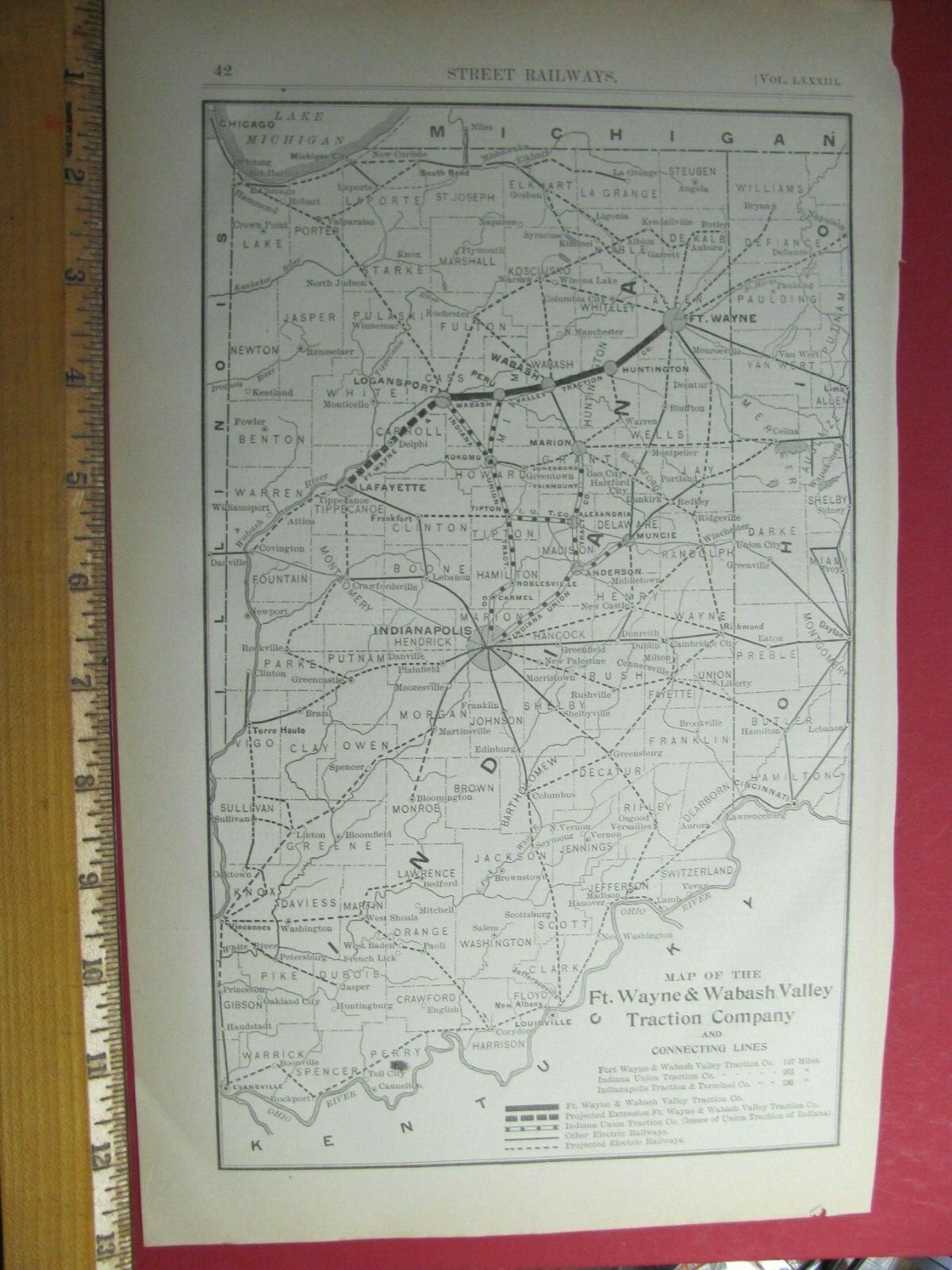 ORIGINAL 1906 FORT WAYNE & WABASH VALLEY TRACTION CO RAILWAY SYSTEM MAP INDIANA