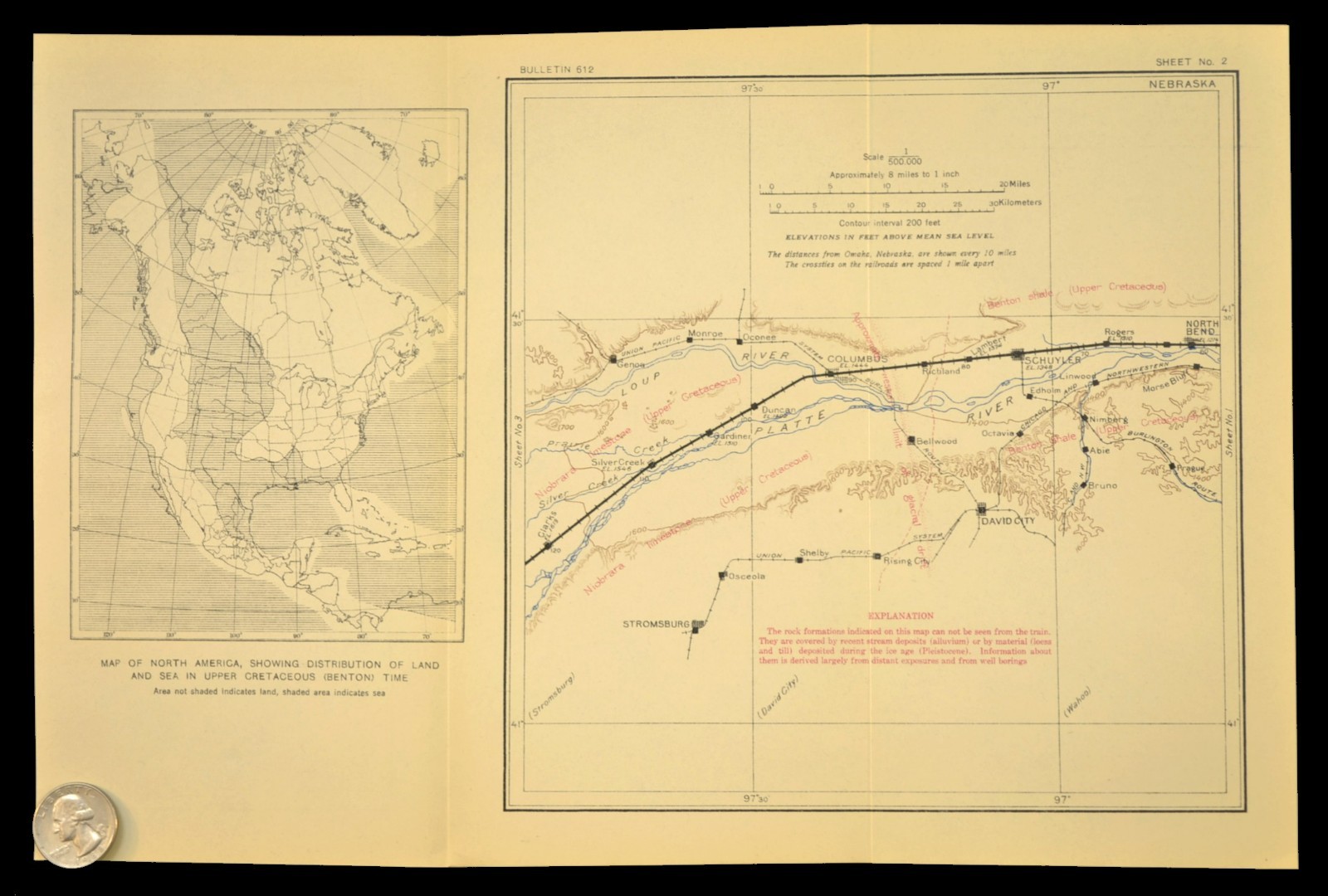 Antique Union Pacific Railroad Map Columbus Nebraska Schuyler NE David City