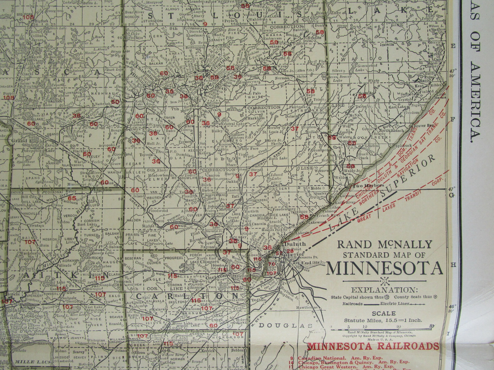 MN 1924 MINNESOTA STEAM RAILROAD Map. SPIRIT LAKE TRANSER RR; HILL CITY RR