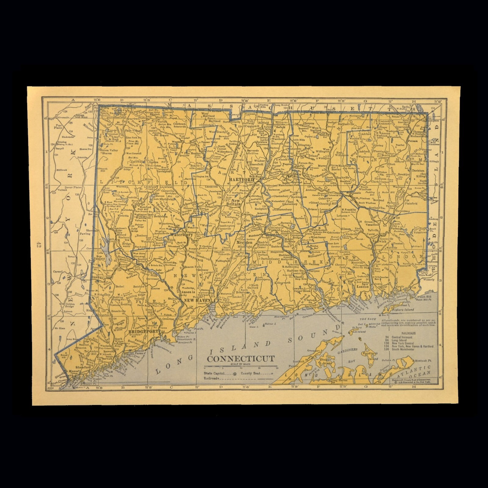 ca1939 CONNECTICUT Railroad Map Depot Towns Historic NH RR Original Atlas Map
