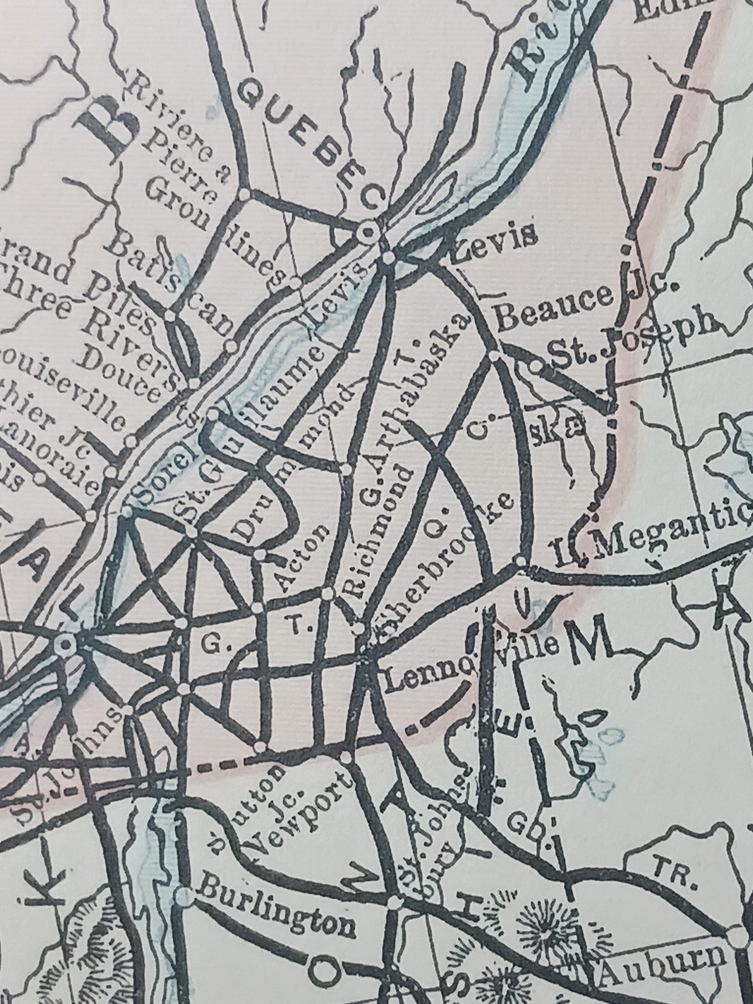 ~1898 ANTIQUE Railroad Map EASTERN CANADA Train Route Stations 9″x 11″