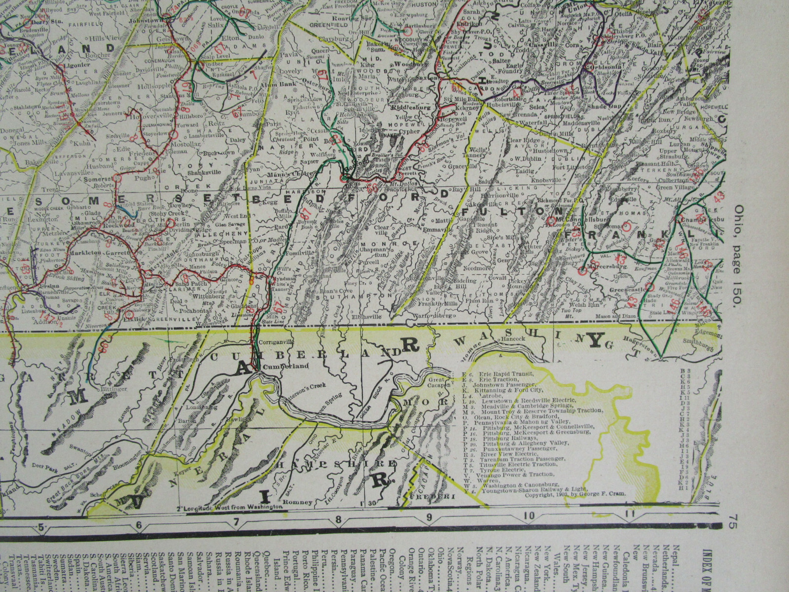 PA 1903 WESTERN PENNSYLVANIA Cram STEAM / INTERURBAN ELECTRIC RAILROAD Map