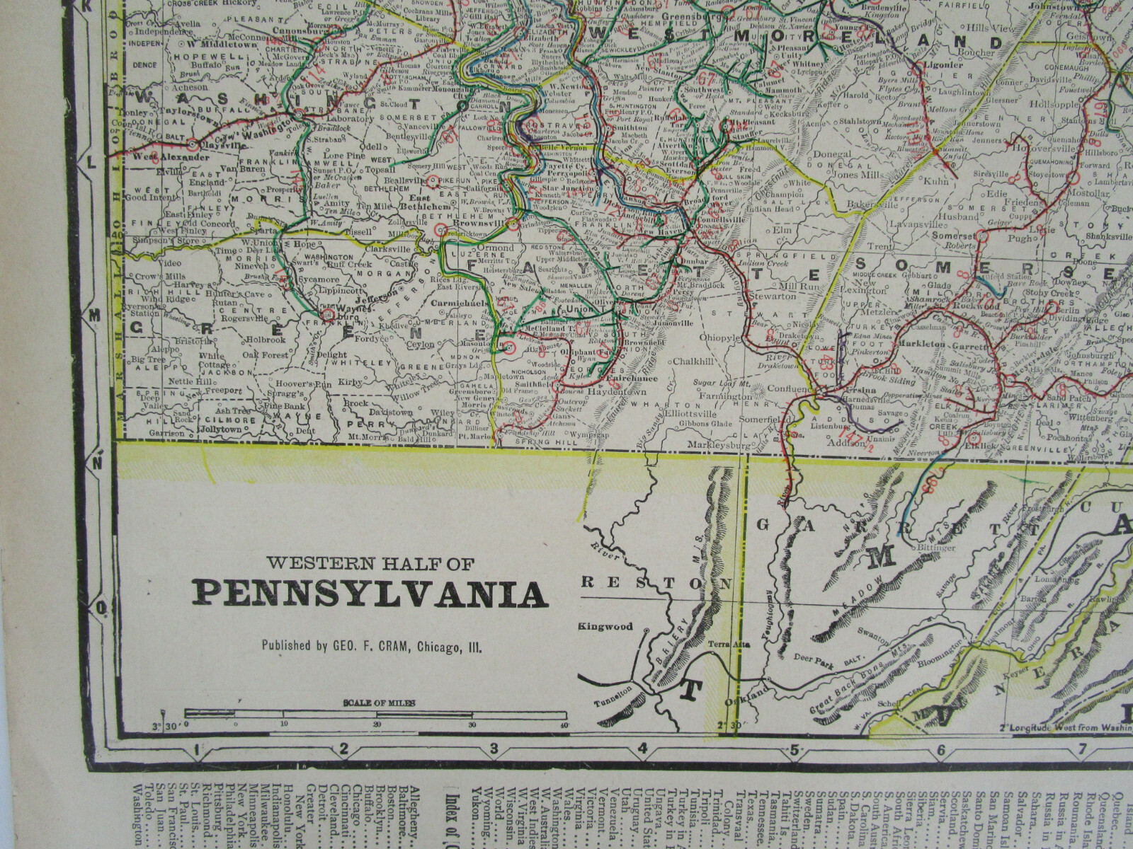 PA 1903 WESTERN PENNSYLVANIA Cram STEAM / INTERURBAN ELECTRIC RAILROAD Map