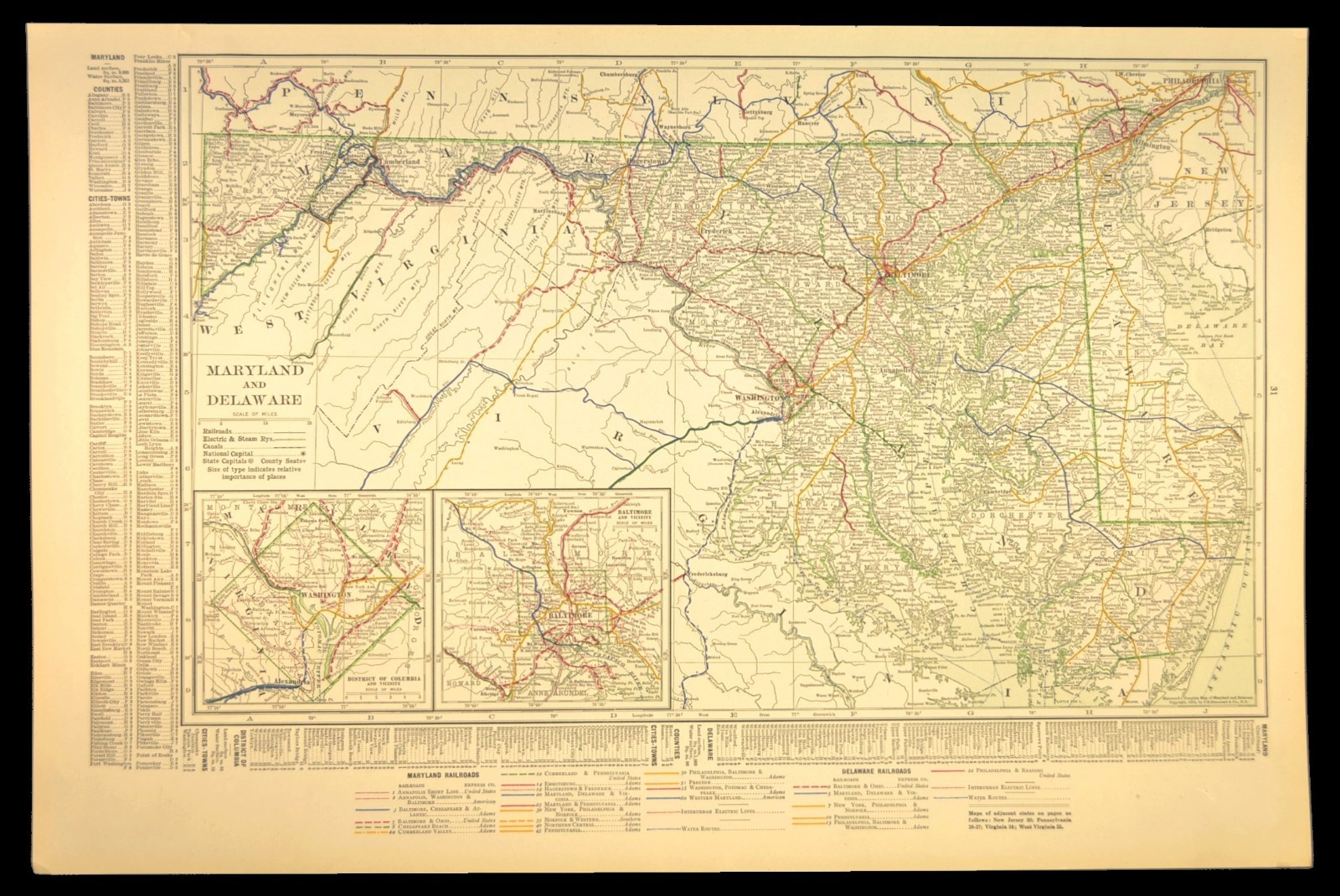 1914 Antique Map of MARYLAND Railroads Map DELAWARE ORIGINAL Atlas Map DATED