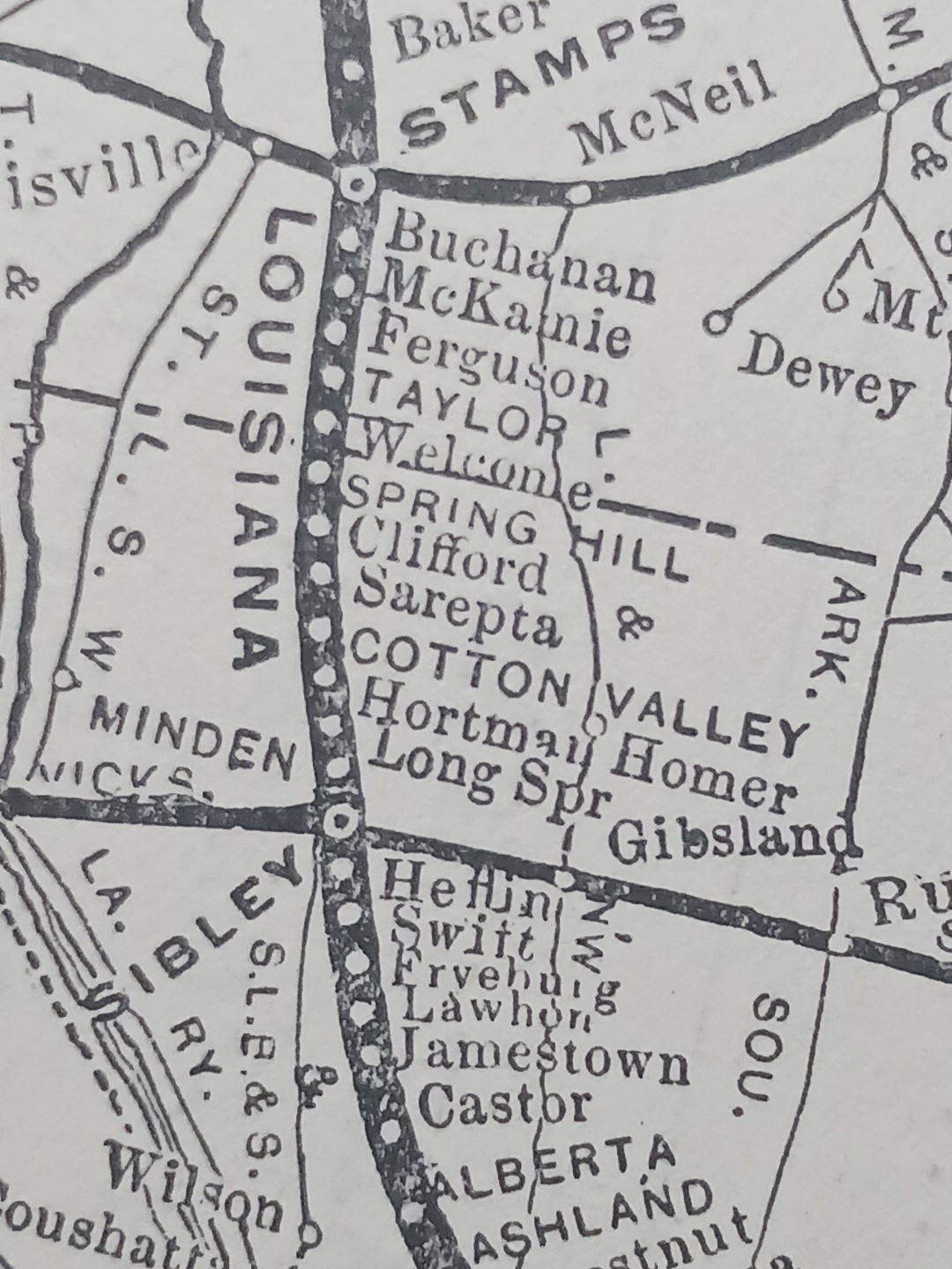 ~1904 Train Route Map LOUISIANA & ARKANSAS RAILWAY all railroad lines Stations