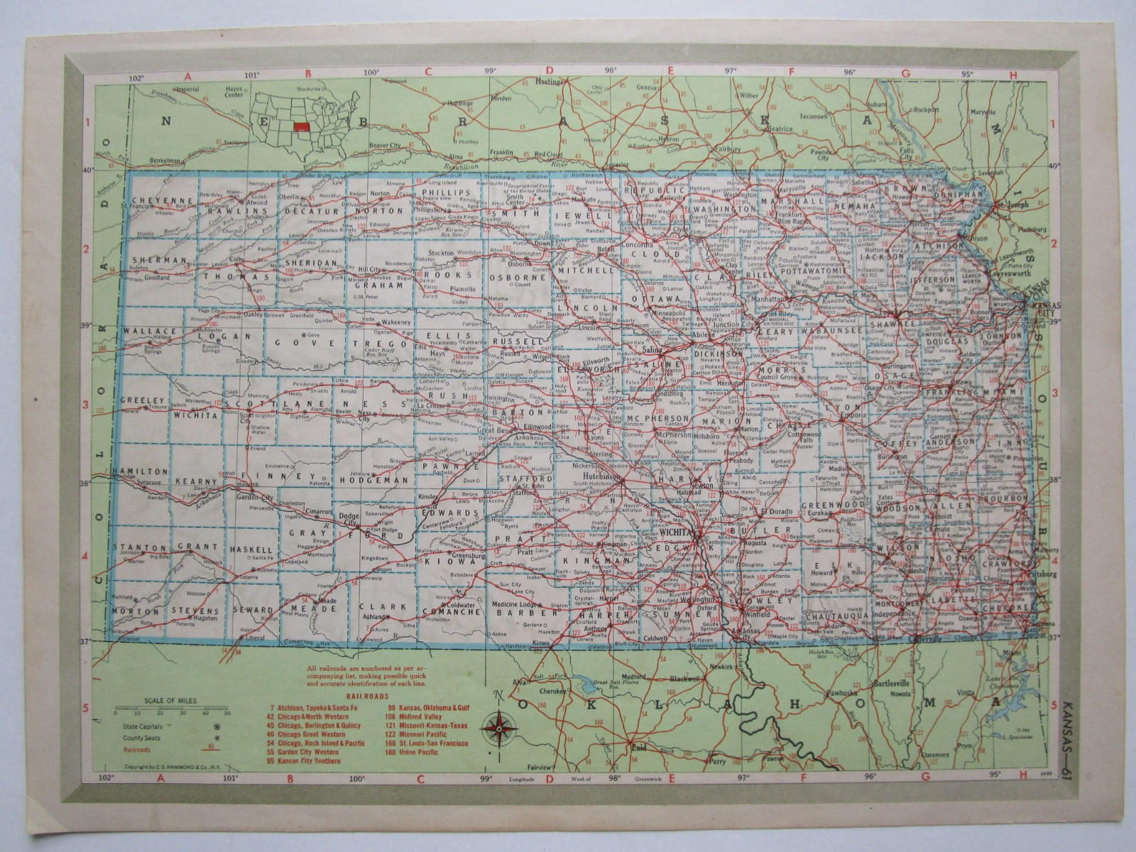 KS KY Vtg 1951 KANSAS RAILROAD Map KANSAS CITY SOUTHERN, CB&Q, ATSF or KENTUCKY