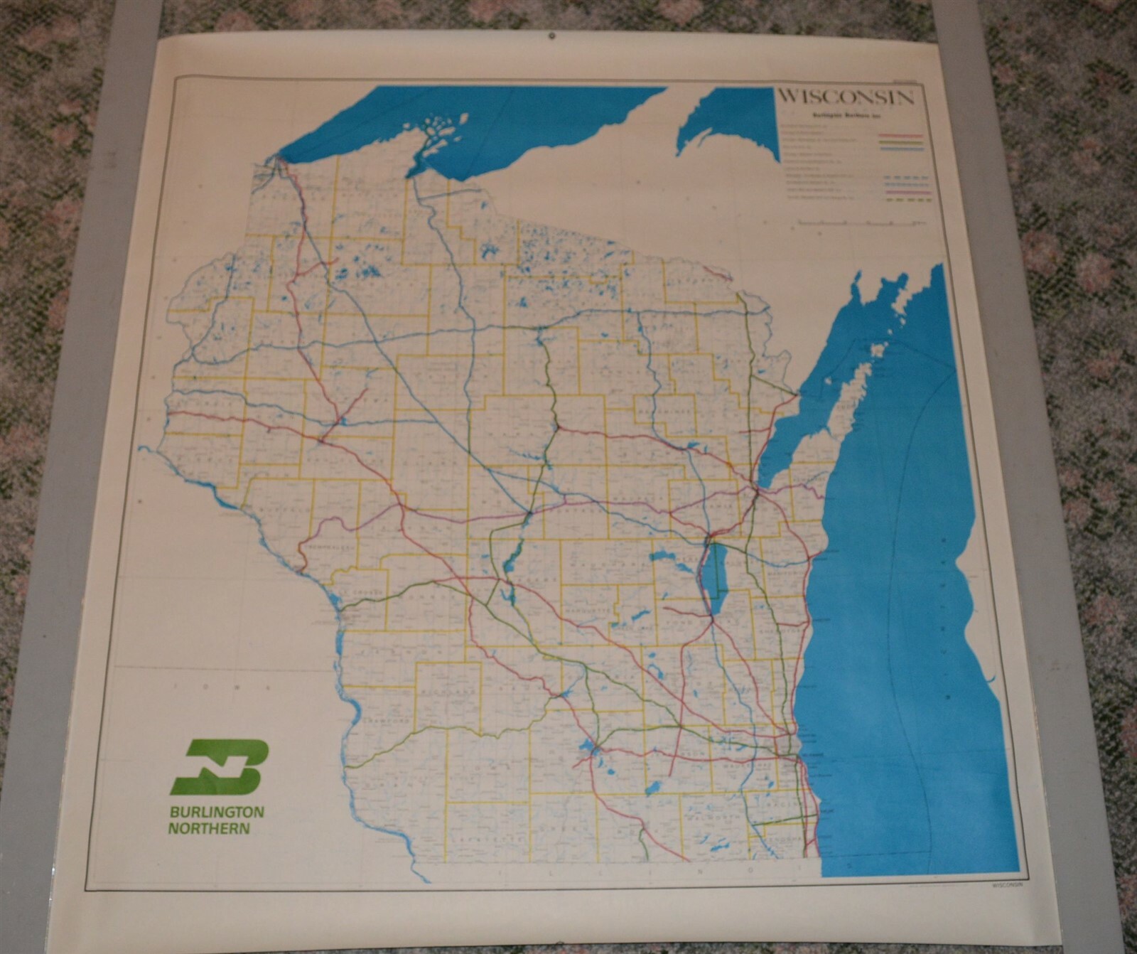 Large 1973 Burlington Northern Railroad Wisconsin Map Poster NO FOLDS