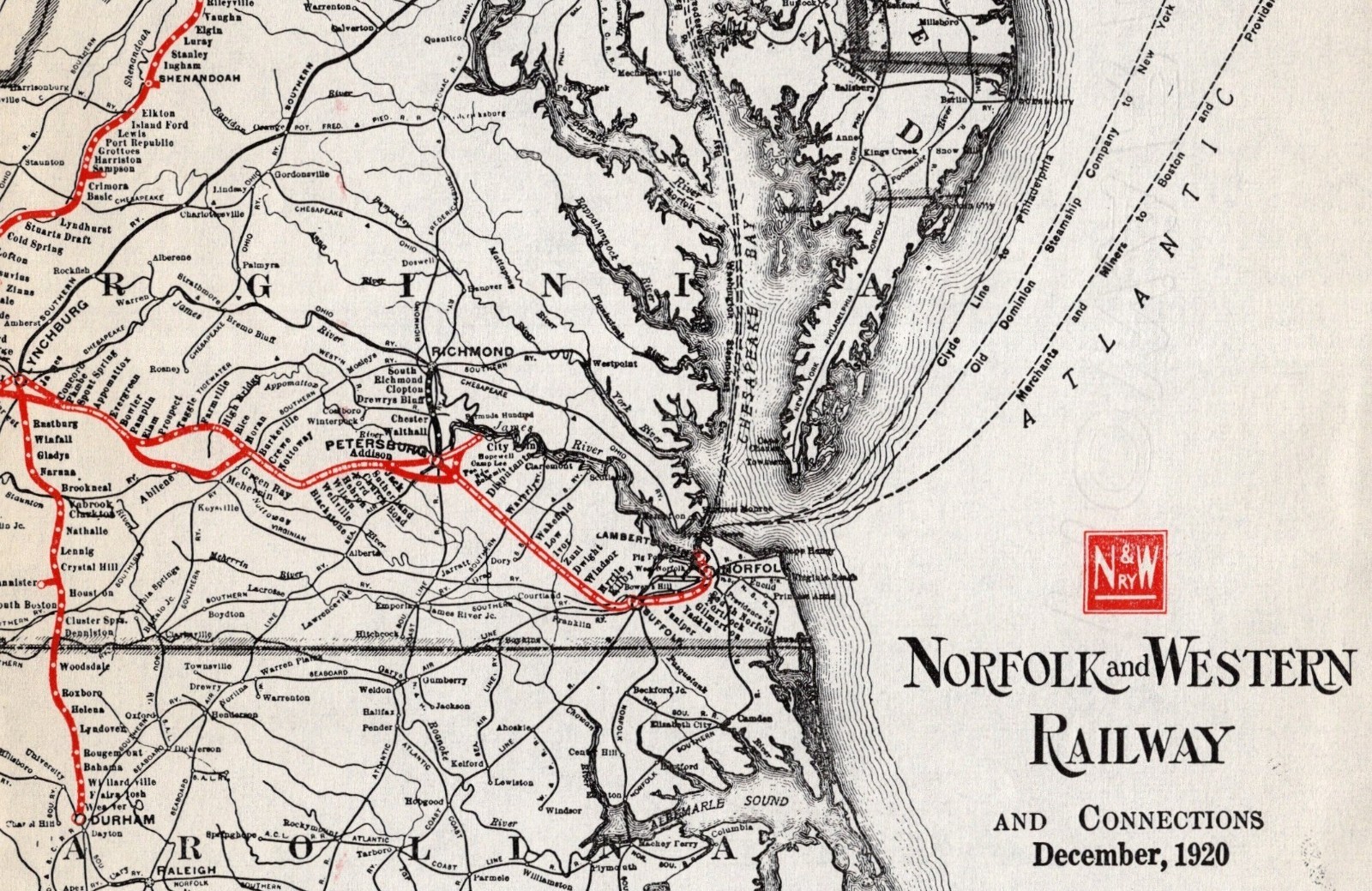 1920 Antique Norfolk & Western Railway Map Vintage Railroad Map 2456