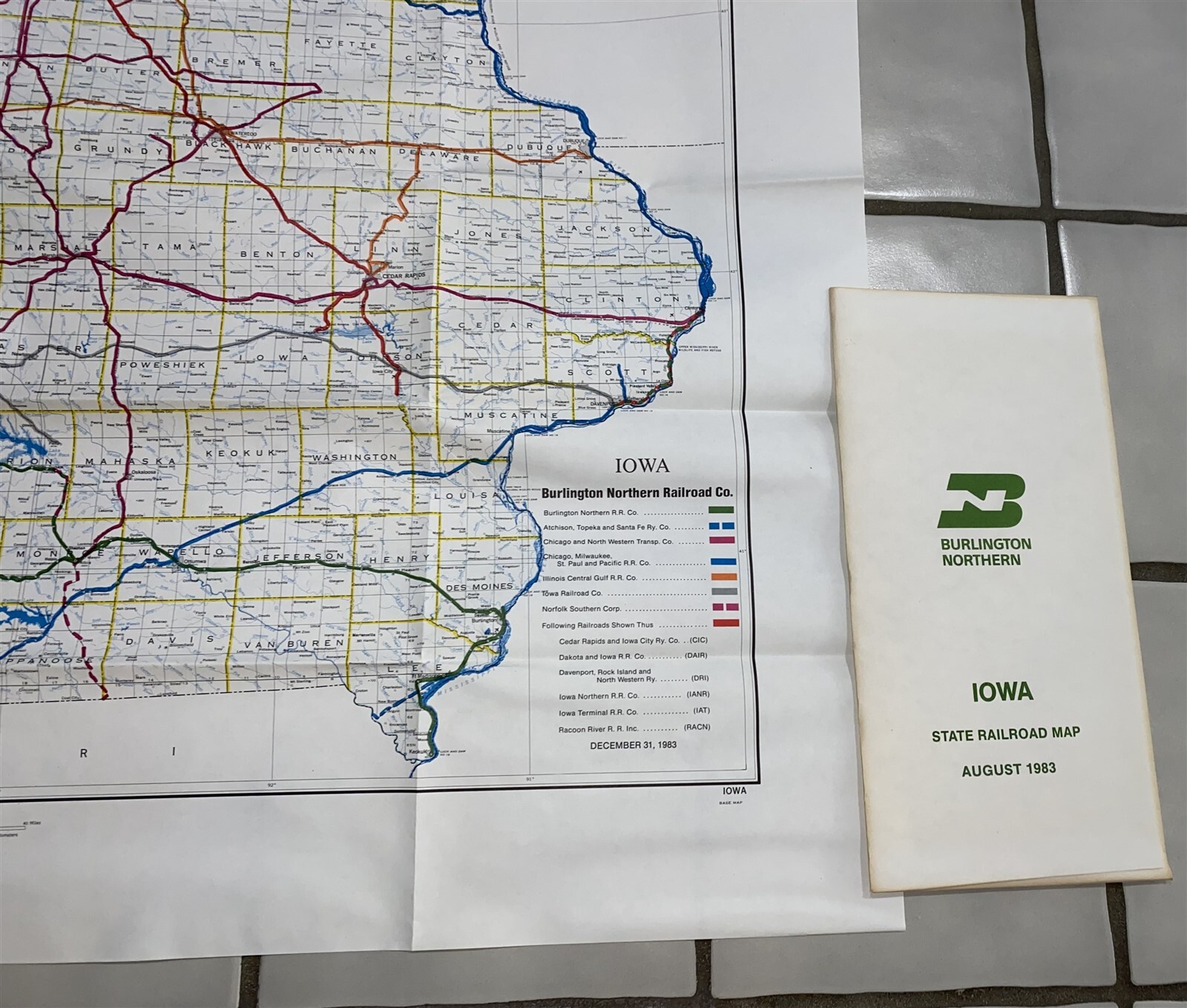 1983 Burlington Northern Railroad Iowa Map 36″ by 25 3/4″