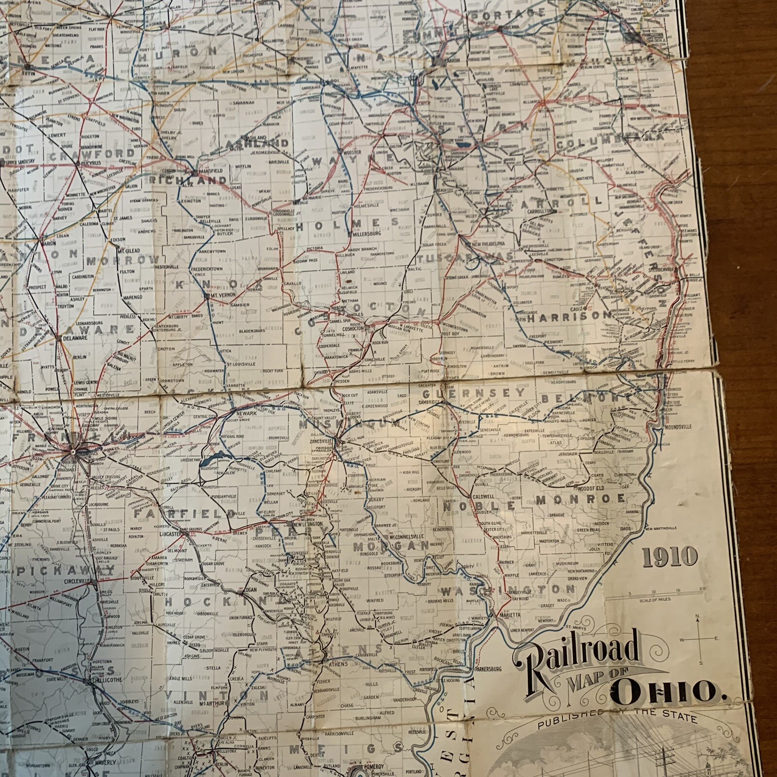 1910 Canvas Railroad Map of Ohio from the Railroad Commission 32 1/2″ x 28 1/2″