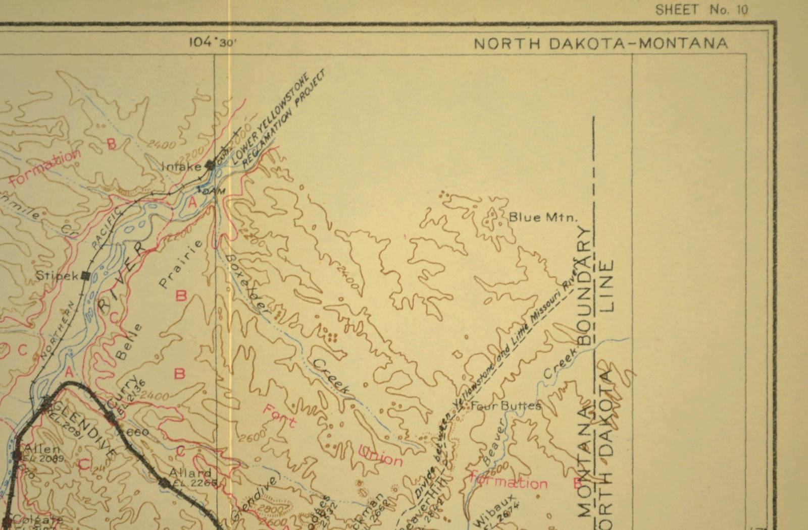 1915 Antique Northern Pacific Railroad Map Glendive Montana Beach North Dakota