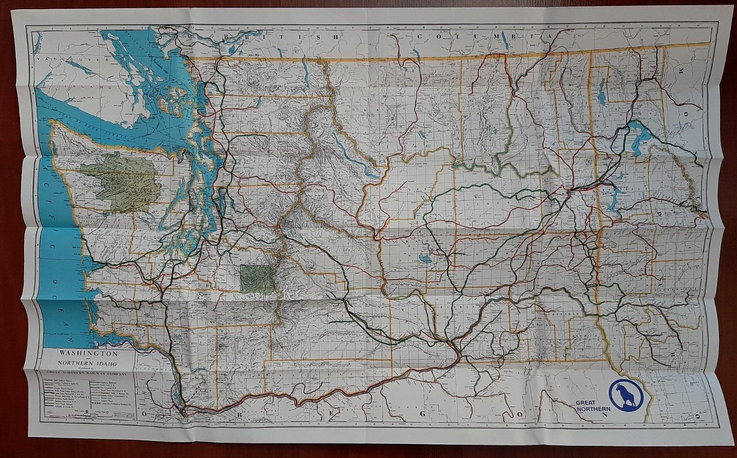 Vintage Great Northern Wash.-Idaho Railroad Map, 38″ x 24″, Original Envelope