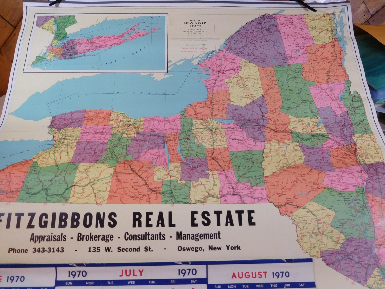 Map New York State with calendar 1970 Thomas D. Murphy Co. 31 x 30