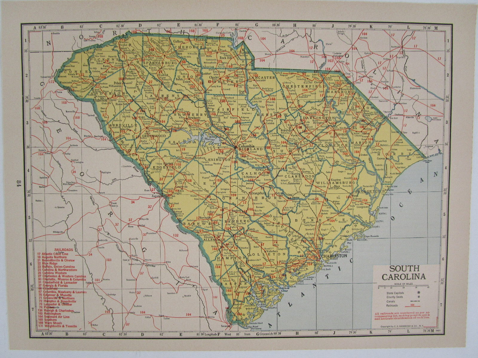 PA SC 1942 PENNSYLVANIA State RAILROAD Map. CORNWALL RR or SOUTH CAROLINA Map