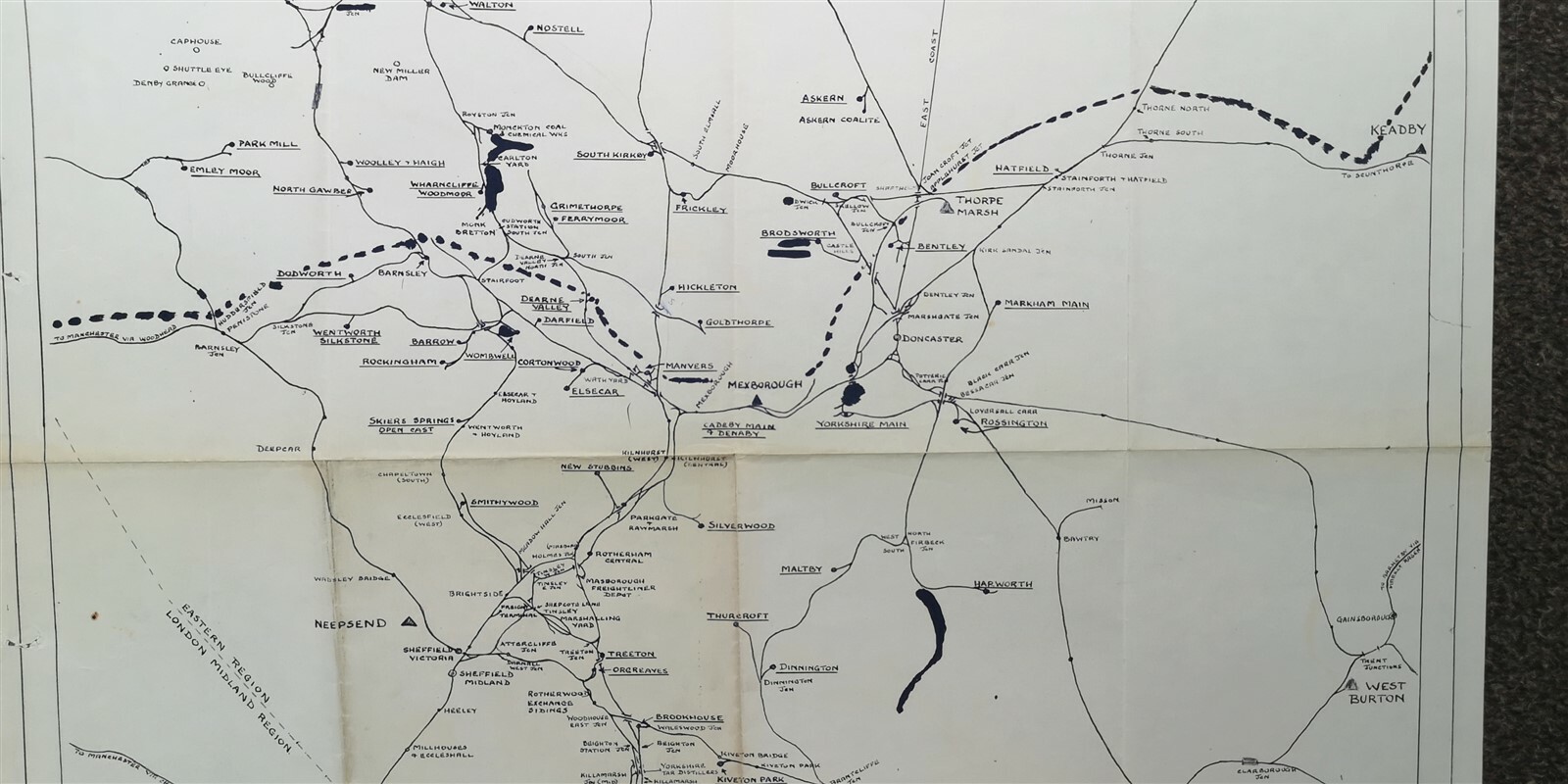 BR MAP OF COLLERIES POWER STATIONS NOTTINGHAMSHIRE YORKSHIRE DIAGRAM MAP 1950s