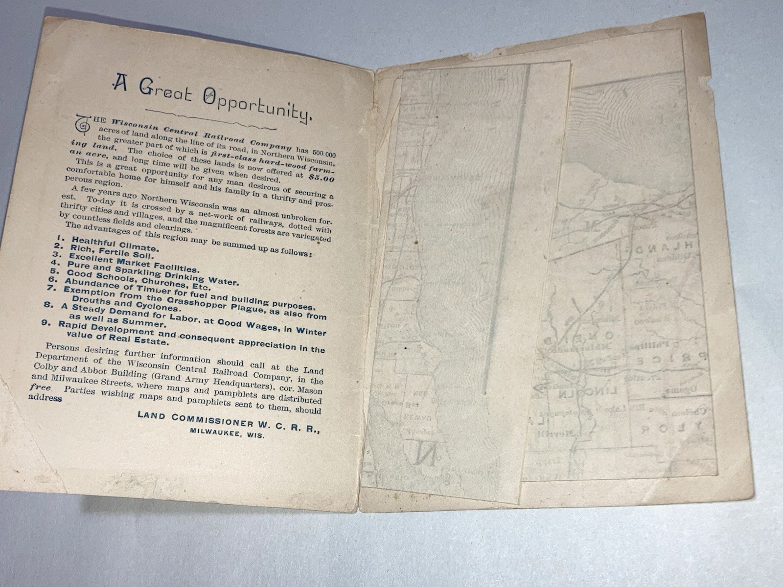 Antique 1889 Wisconsin Central Railroad Land Booklet & Map HQ