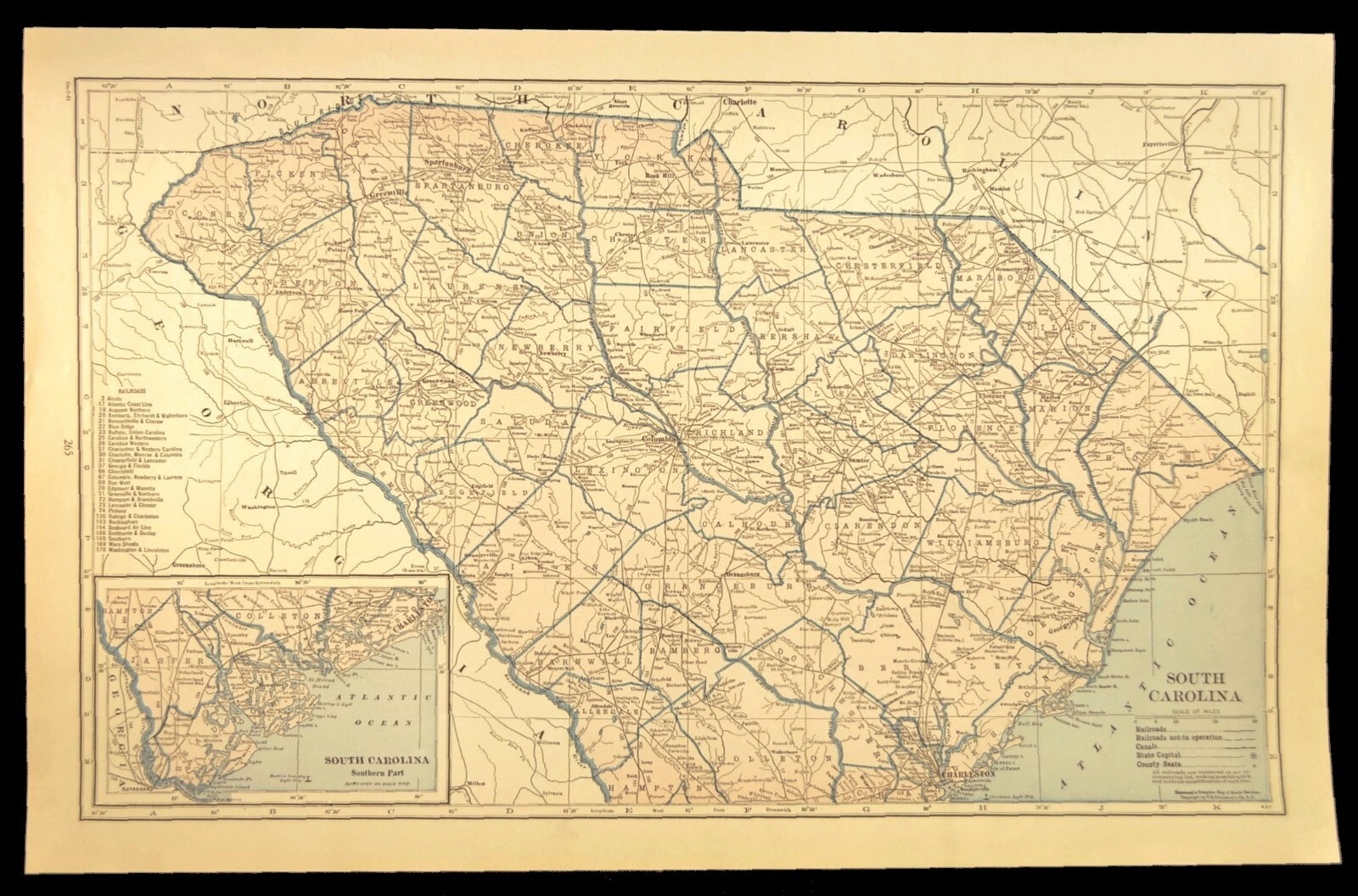 Vintage SOUTH CAROLINA Map Railroad LARGE Original Seaboard Air Line SAL RR