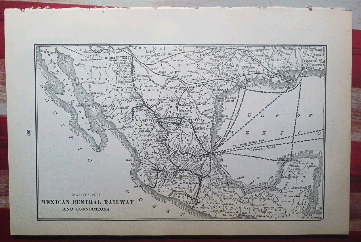 ~1906 Train Route Map MEXICAN CENTRAL RAILWAY Monterey Tampico Mexico Railroad