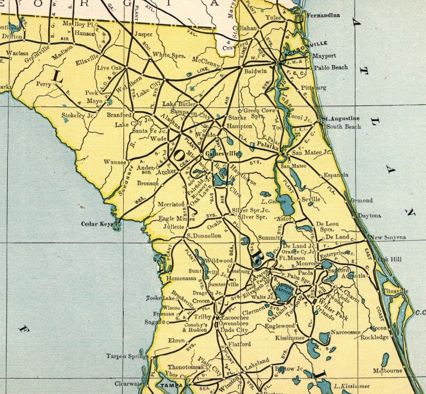 1904 Antique Florida Railroad Map Seaboard Air Line L & N Plant System 1472