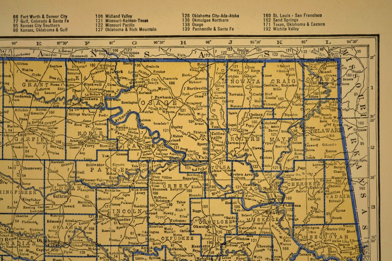 ca1938 OKLAHOMA Railroad Map Depot Towns AT&SF RR Historic Original Atlas Map