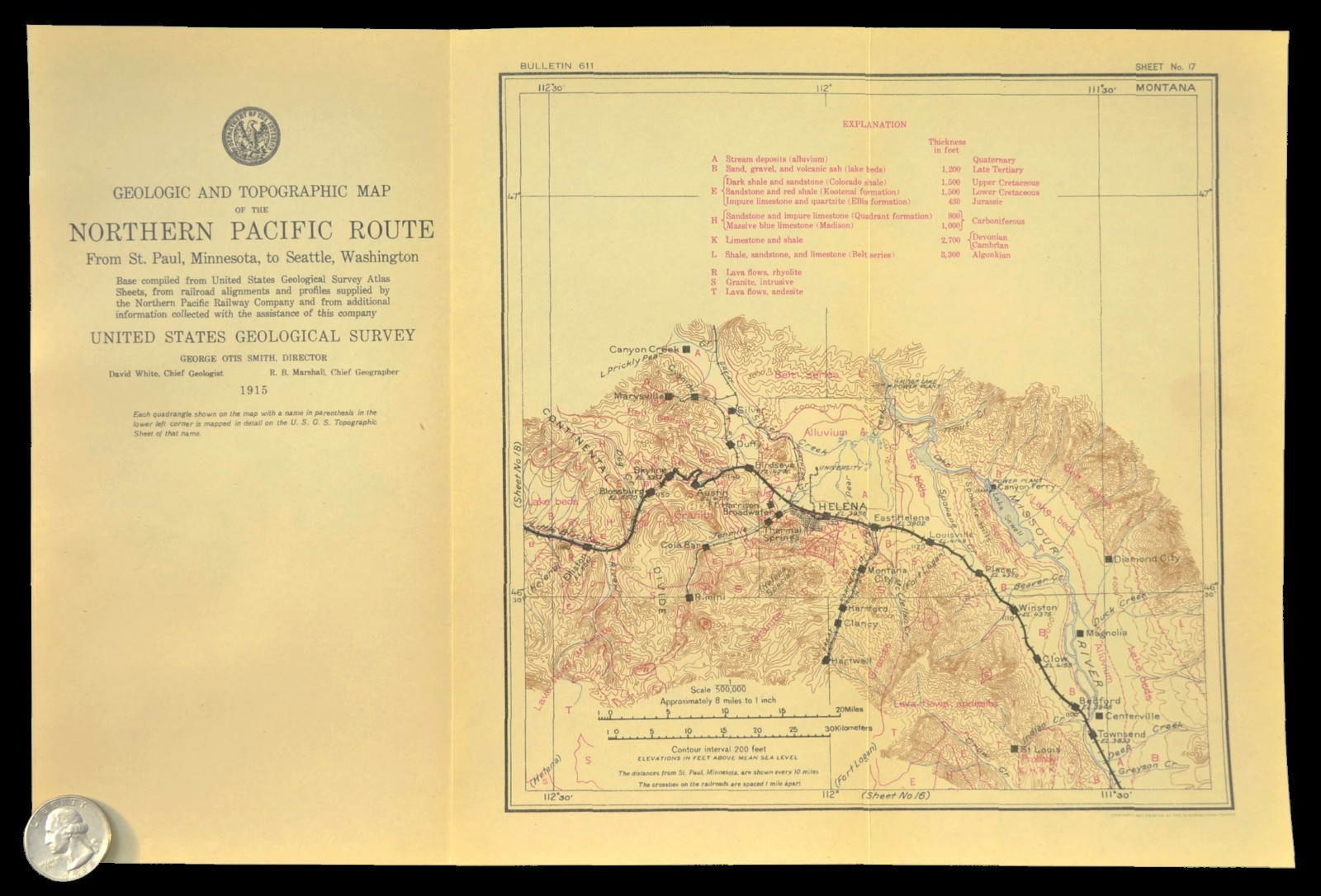 Antique Map of the Northern Pacific Railroad Line Helena Montana Geological