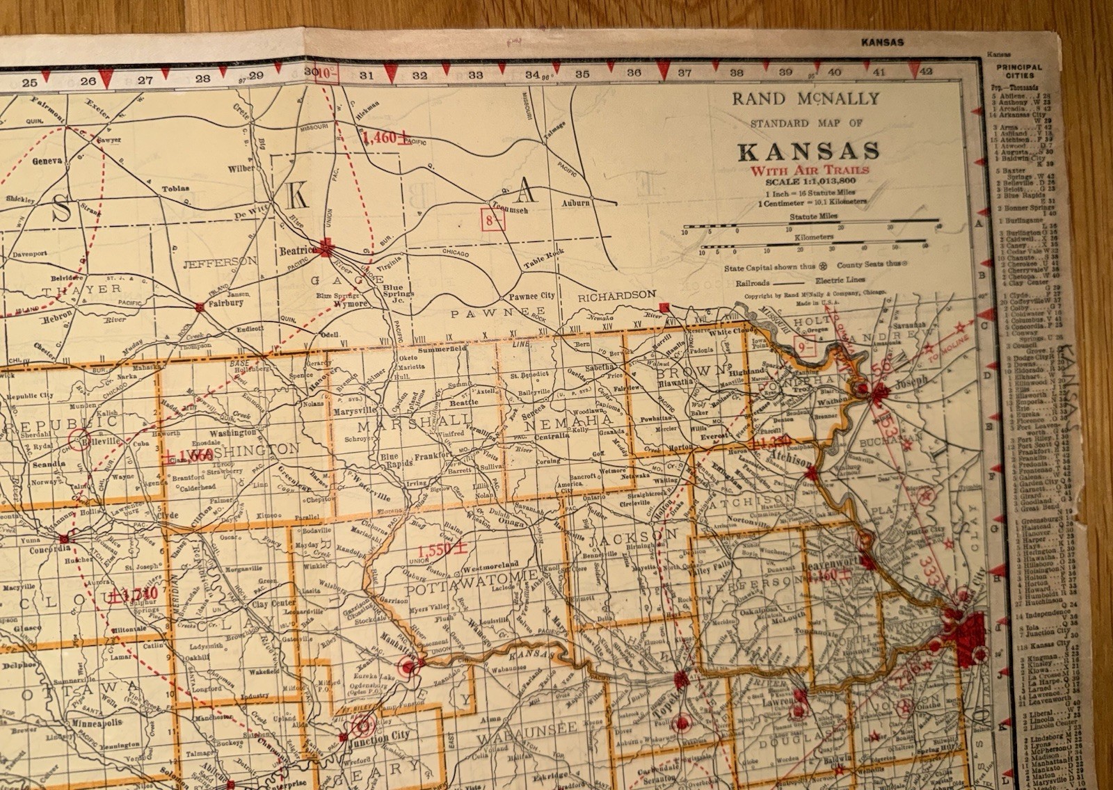 C.1920’s Era Rand McNally Map Of Kansas Air Trails & Railroads 2 Sided Very Rare
