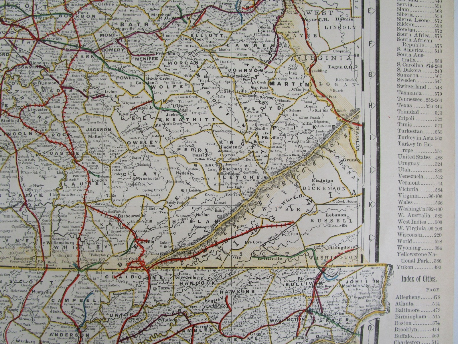 KY TN 1898 FULL STATES KENTUCKY & TENNESSEE Cram RAILROAD Map. JELLICO BIRD EYE