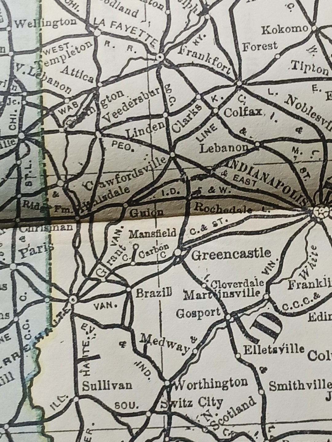 1897 Train Route Map ILLINOIS & INDIANA all Railroad Lines Station Marked 9″x11″