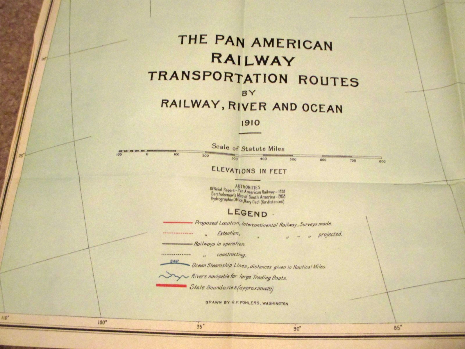 1910- PAN AMERICAN-SOUTH AMERICA- RAILWAY- ROUTE MAP-RAILROAD RIVER-OCEAN-33″