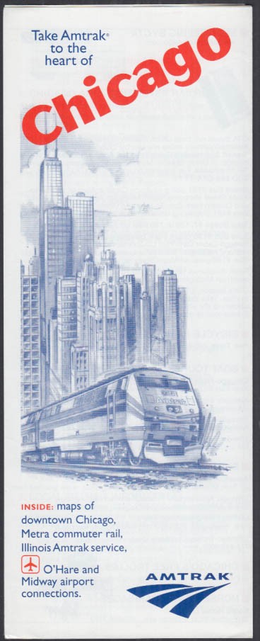 Take Amtrak to the Heart of Chicago map c 1990s Metra & Illinois Amtrak