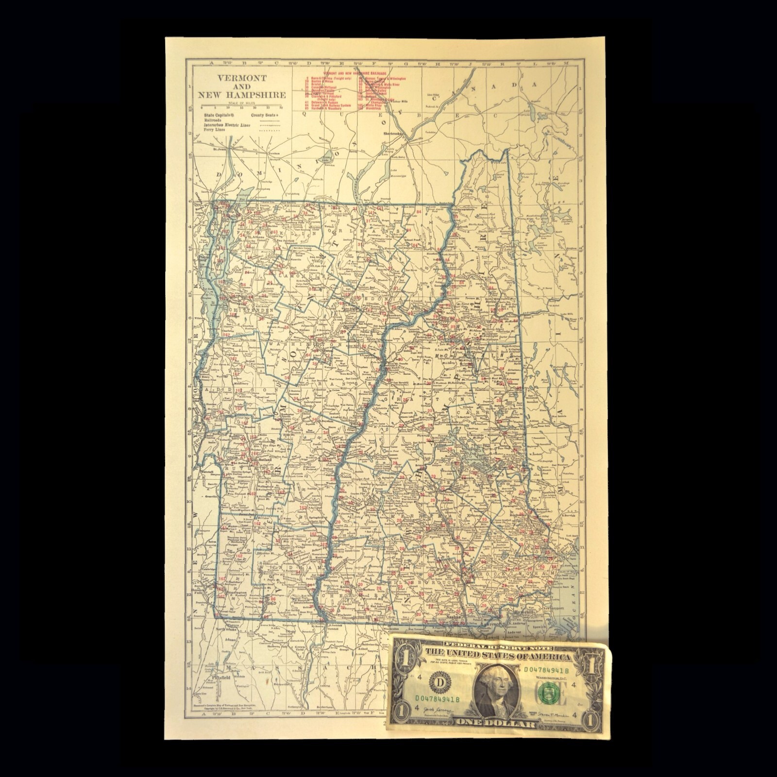 Vintage NEW HAMPSHIRE Railroad Map Vermont Boston & Maine LARGE Original Antique