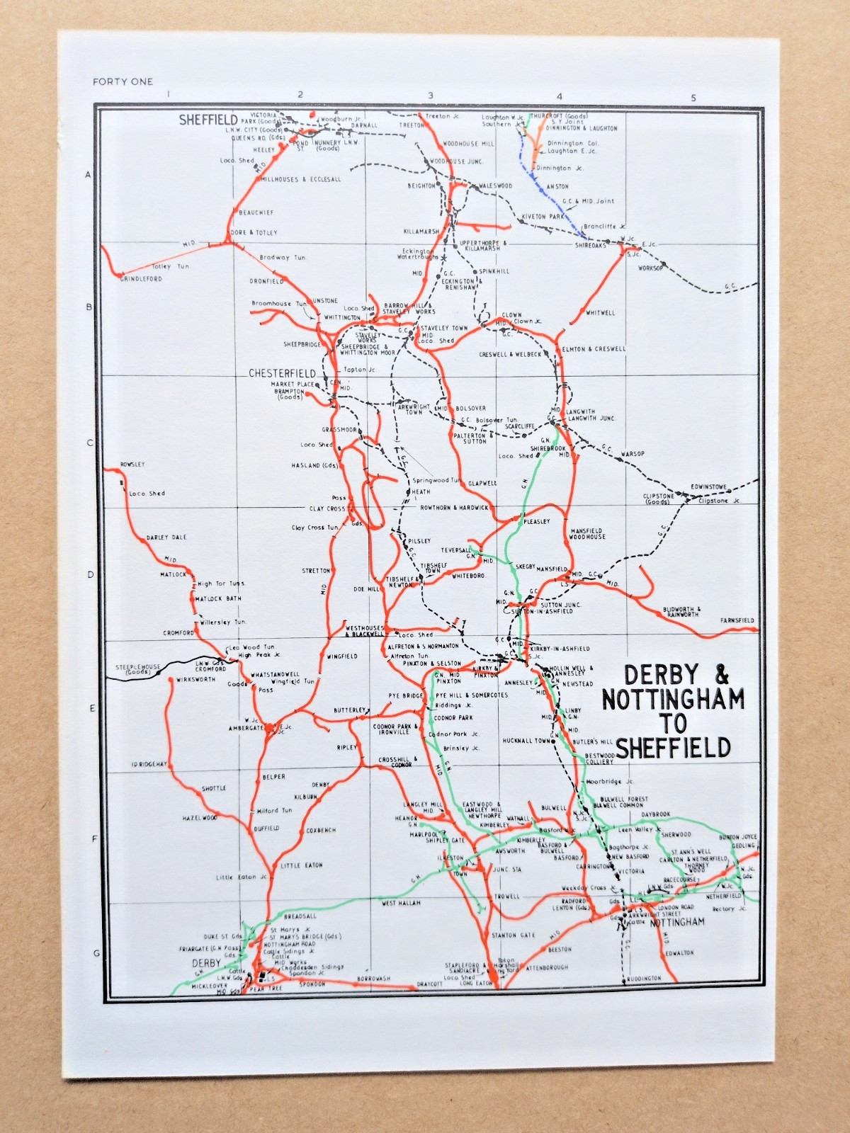 Vintage 1972 map showing Pre Grouping Rail Lines of Derby to Sheffield