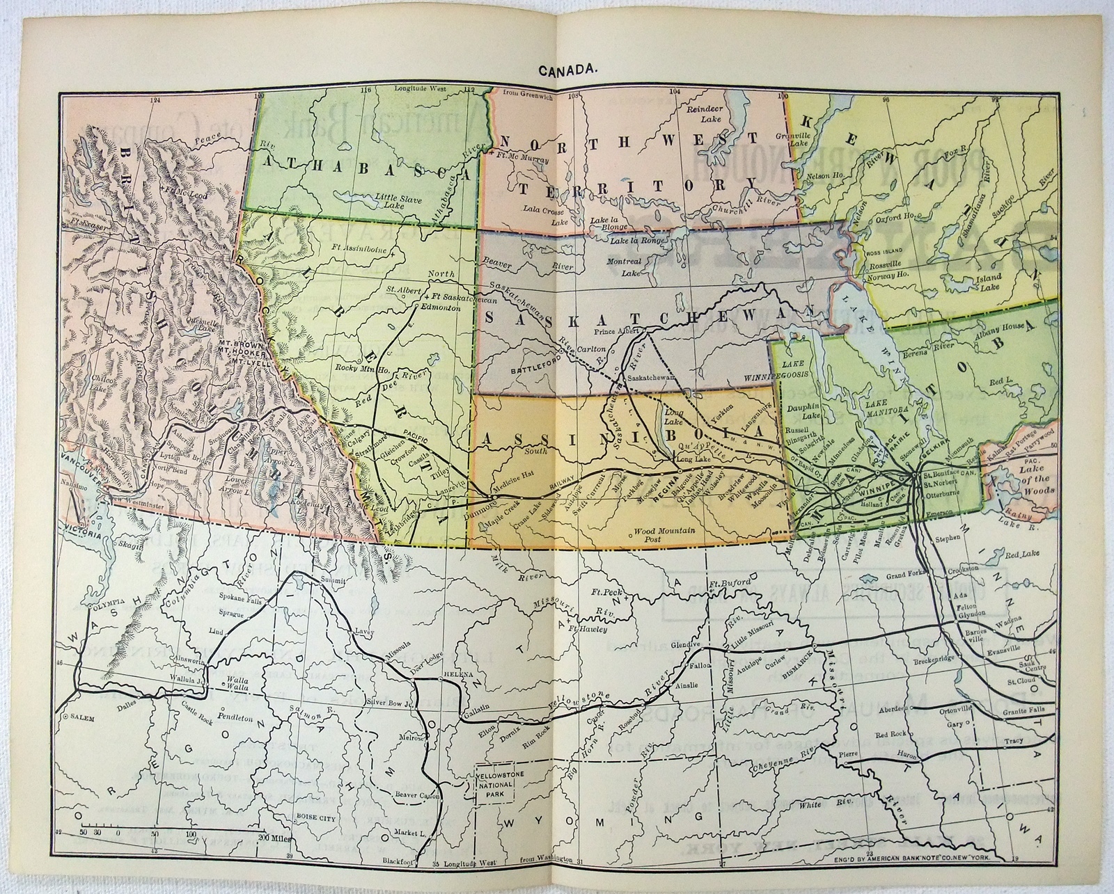 Western Canada: Original 1892 Railroad Map by the American Bank Note Co. Antique