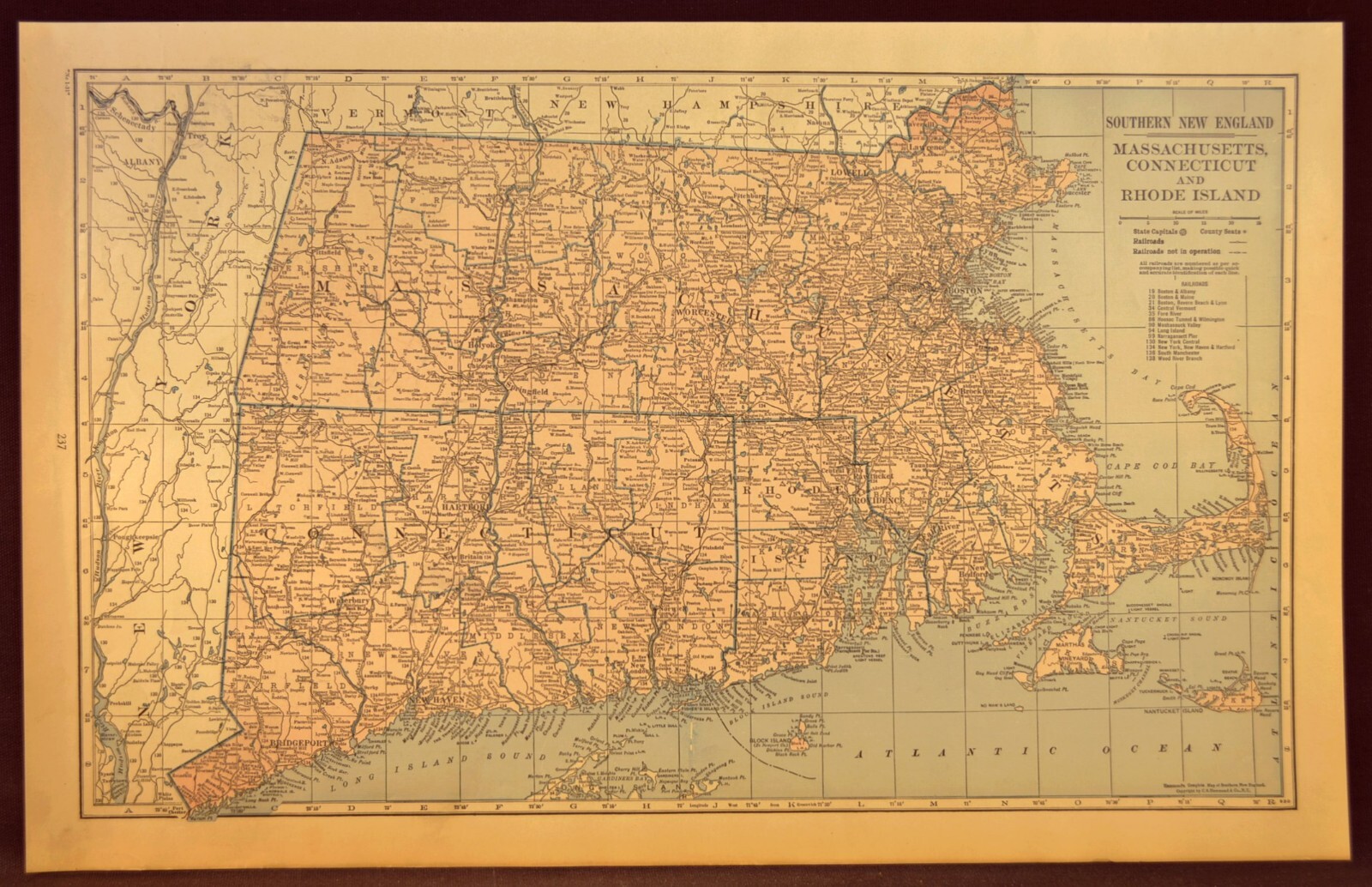 SOUTHERN NEW ENGLAND Map Railroad Massachusetts Old Original Antique