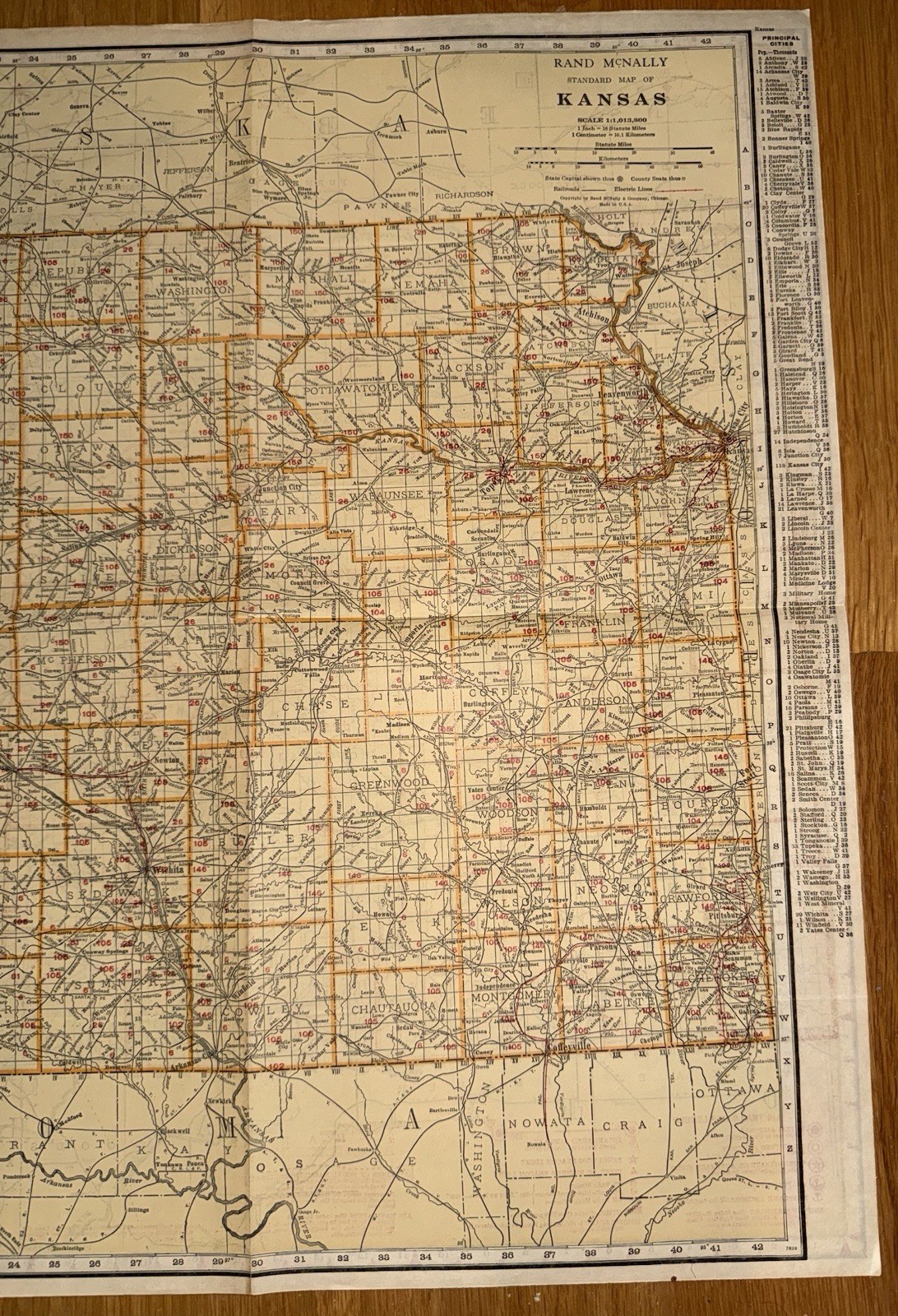 C.1920’s Era Rand McNally Map Of Kansas Air Trails & Railroads 2 Sided Very Rare