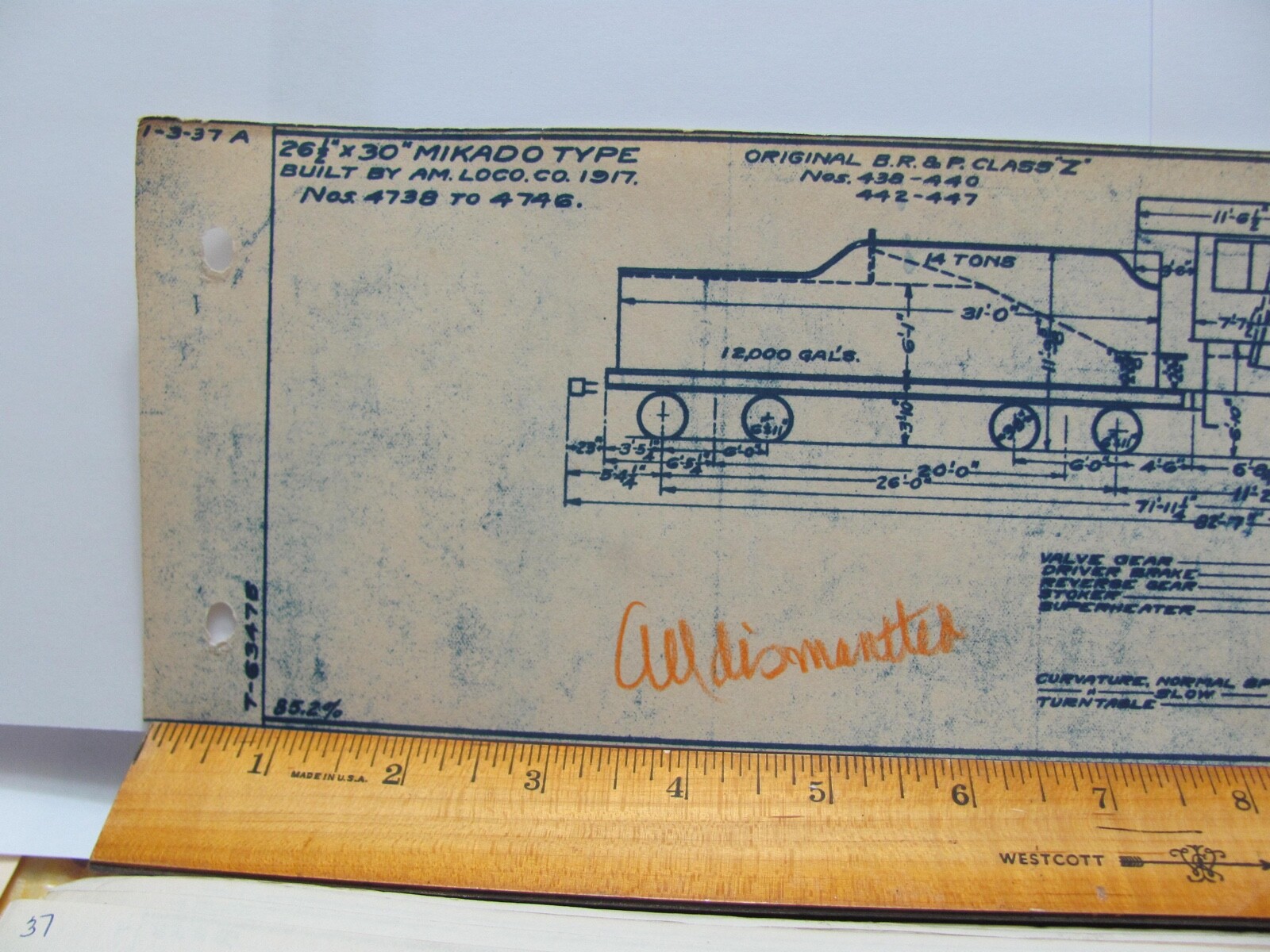 BALTIMORE & OHIO RAILROAD ORIG BLUEPRINT DATA DIAGRAM Q-10 LOCOMOTIVES 4738-4746