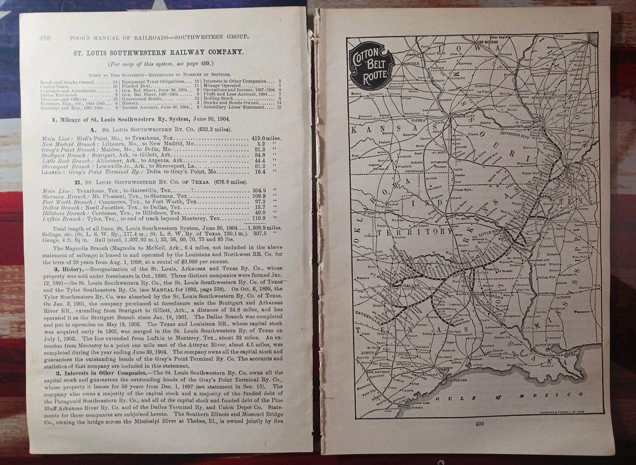 1905 Train Route Map + Report ST LOUIS SOUTHWESTERN RAILROAD Cotton Belt Route
