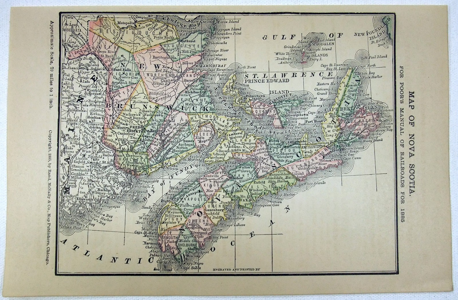 Nova Scotia – Original 1885 Railroad Map by Rand McNally. Antique