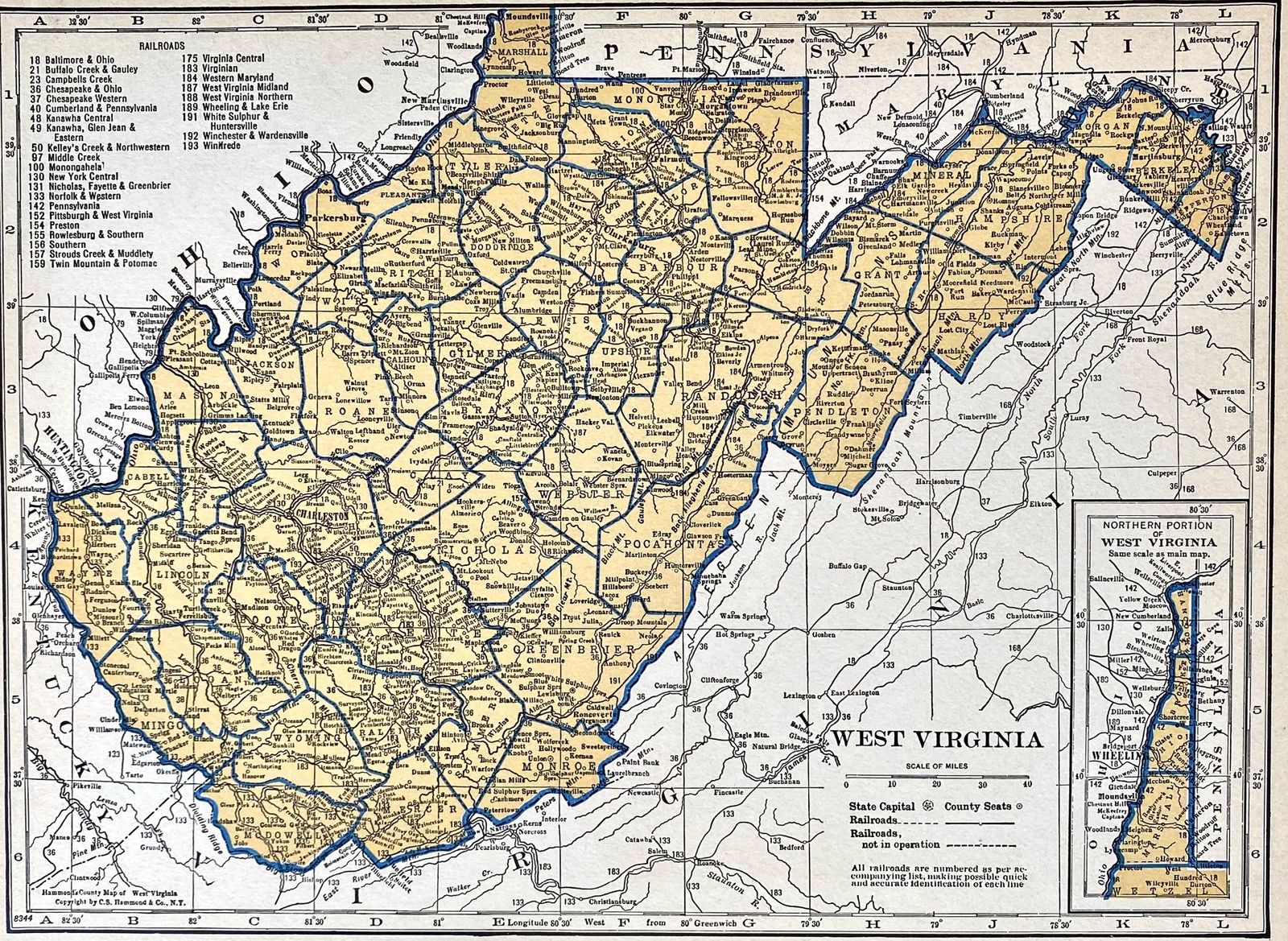 WEST VIRGINIA & WASHINGTON 1935 County & Railroad Maps. Hammond & Co. 9×12″ VG-F