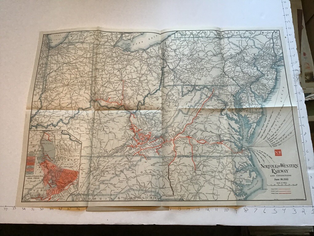 vintage railroad map: 33×22″ NORFOLD & WESTERN Railway dec 31, 1942