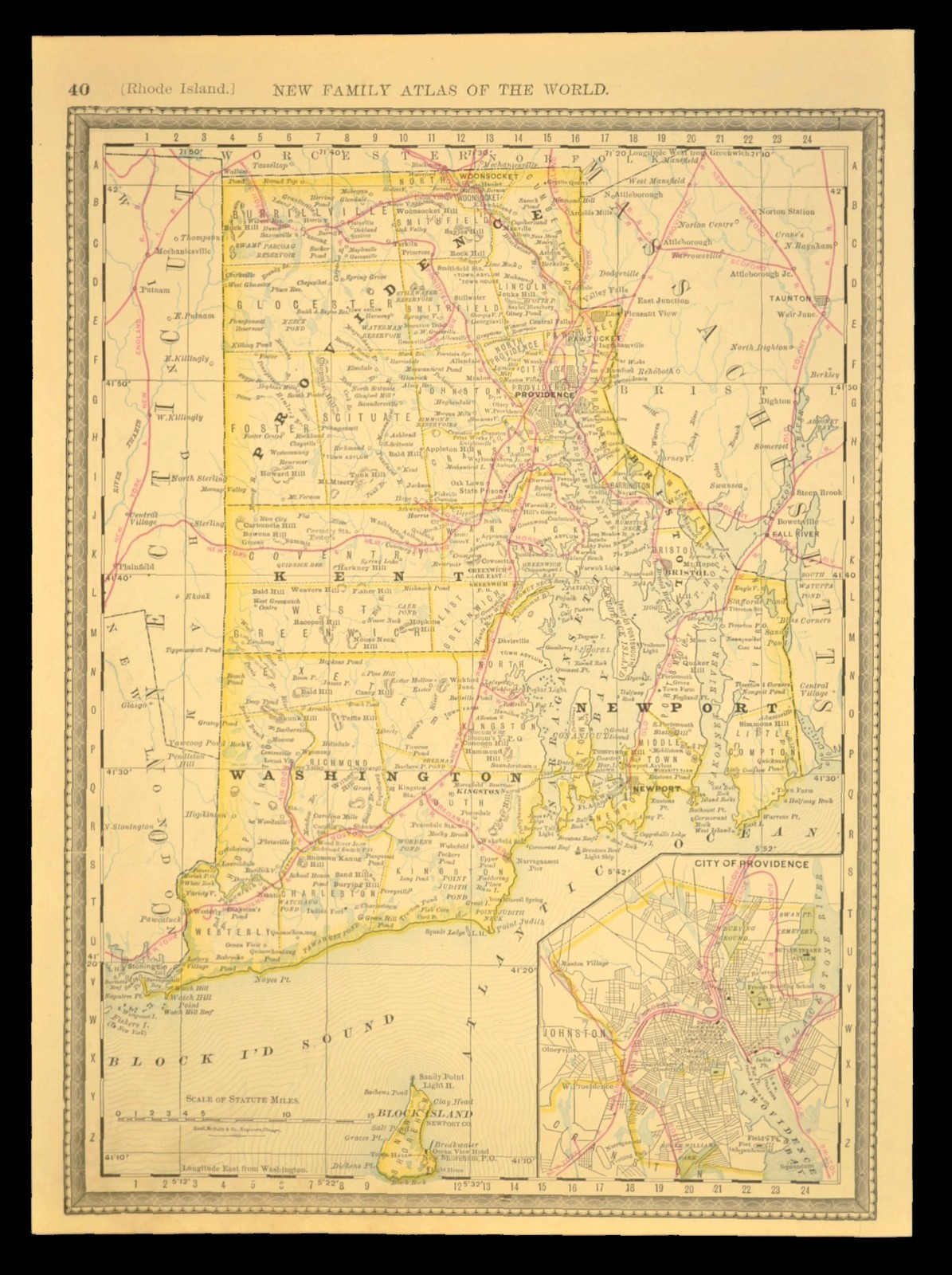 Antique RHODE ISLAND Railroad Map NYP&B RR Old Colony RR NY&NE Railroad