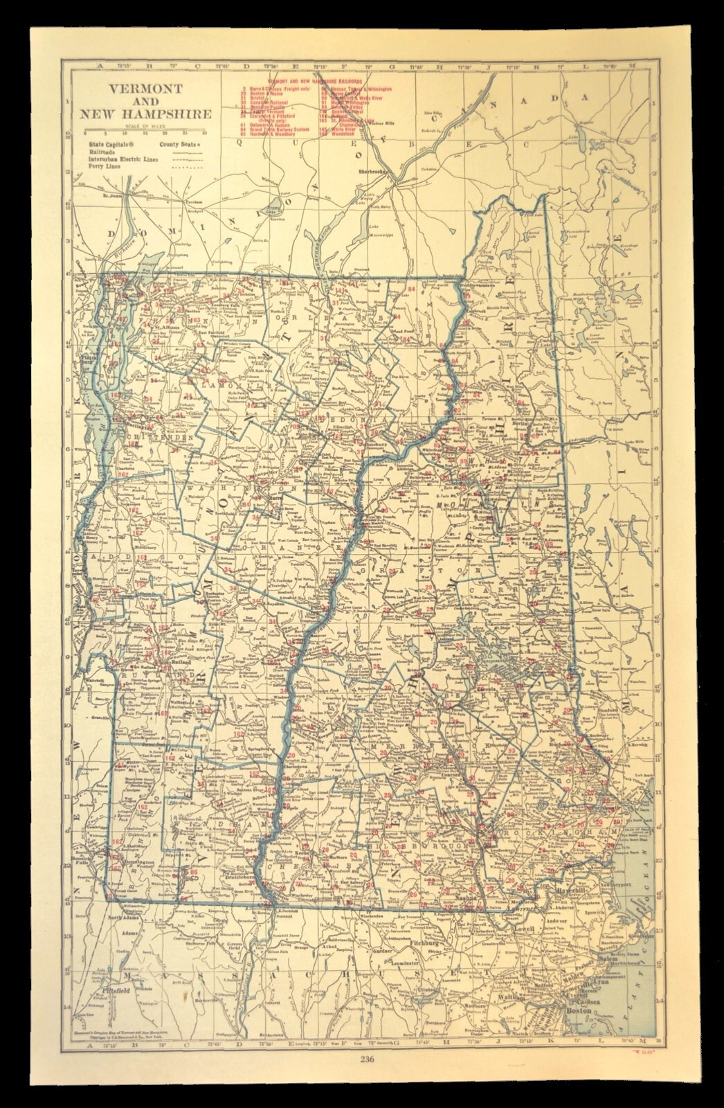 Vintage NEW HAMPSHIRE Railroad Map Vermont Boston & Maine LARGE Original Antique