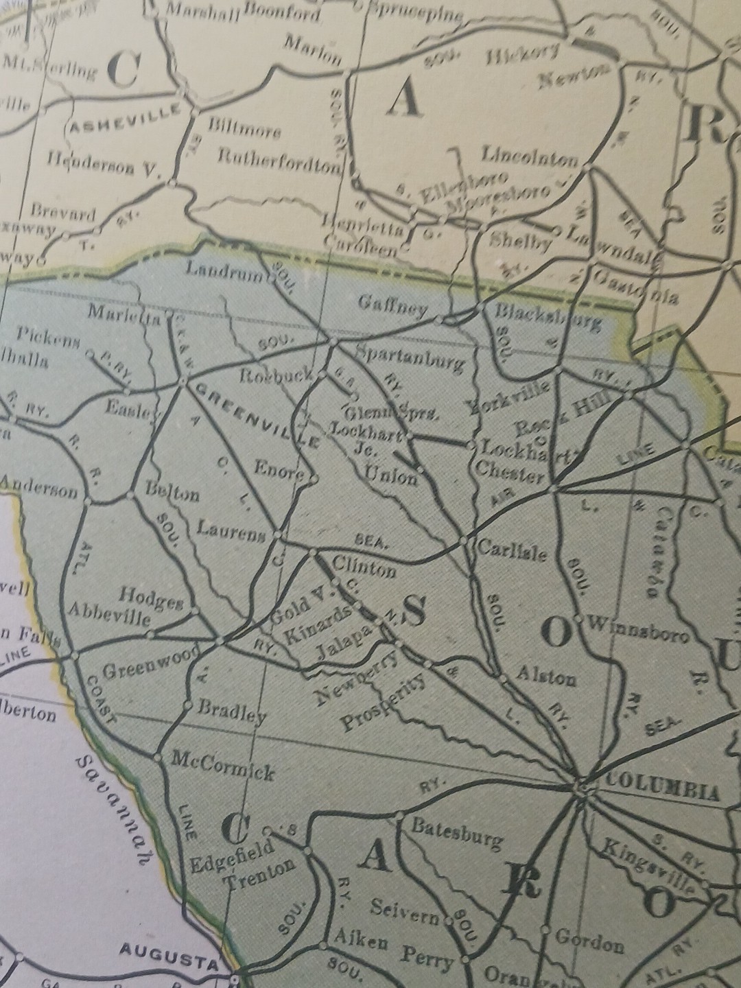 1905 Train Route Map North & South Carolina ALL old Railroad Lines Towns 11×9″