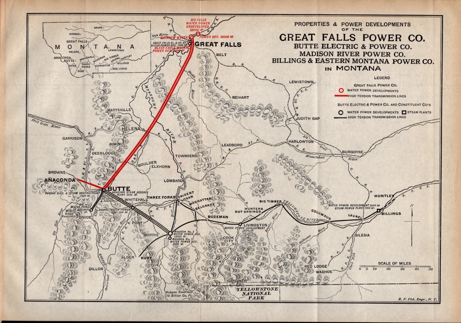 1912 Antique Great Falls Power Company Map Railroad Map of the Lines 2376