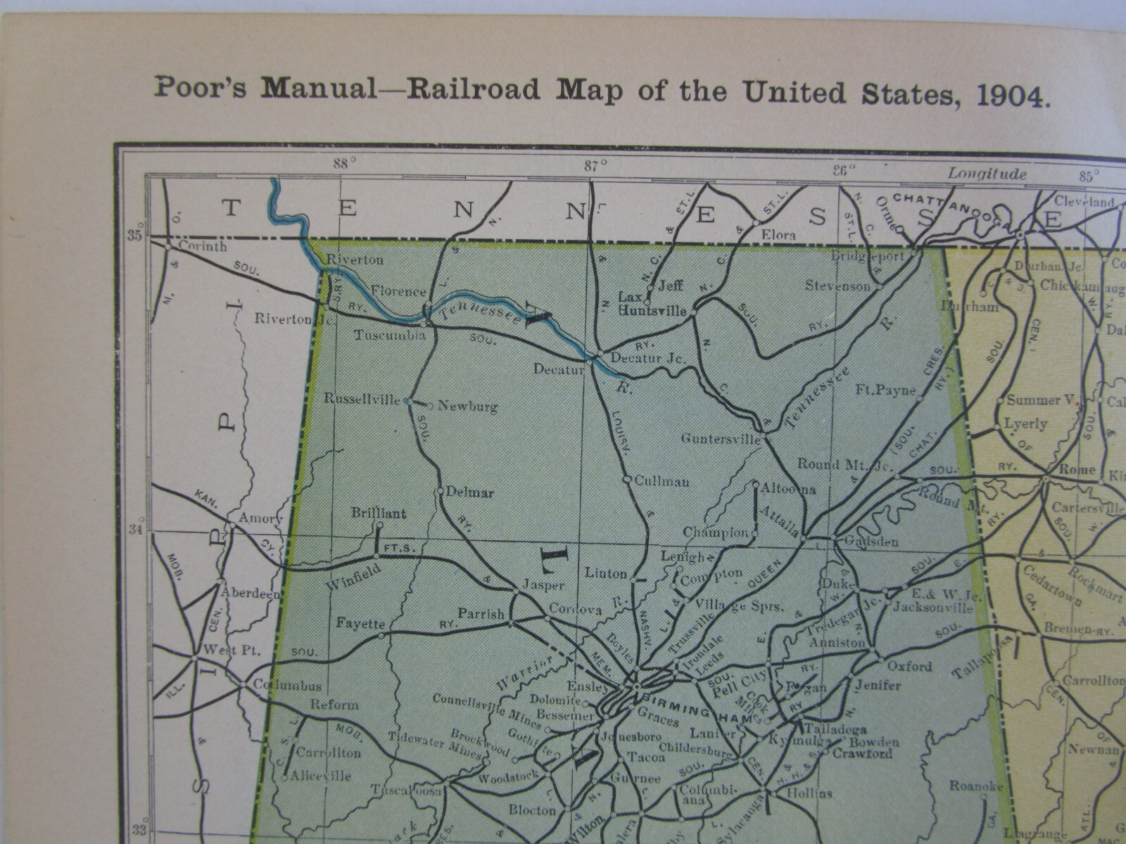 GA AL DATED 1904 Poor’s Manual Railroad Map of GEORGIA & ALABAMA. ABBEVILLE JCT