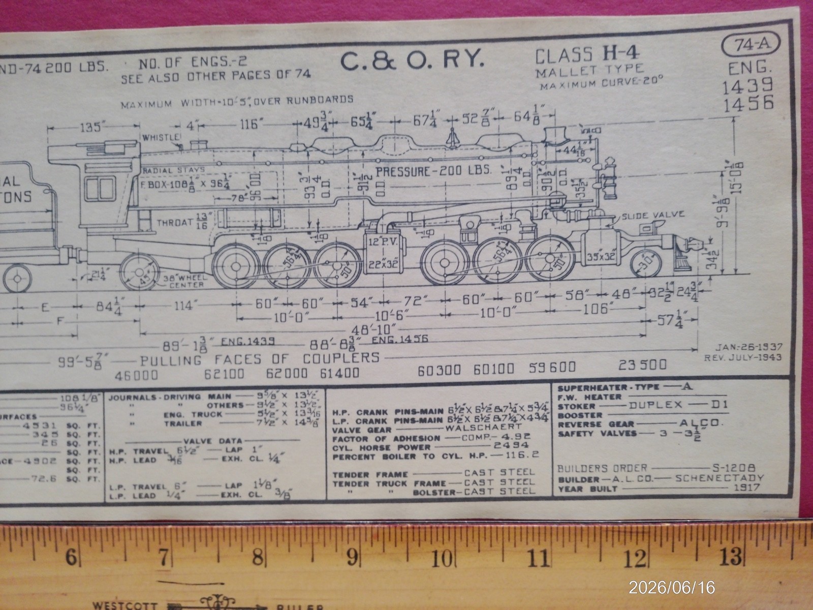 CHESAPEAKE & OHIO RAILROAD ORIG PRINTED DIAGRAM CLASS H-4 LOCOMOTIVE #1439 #1456