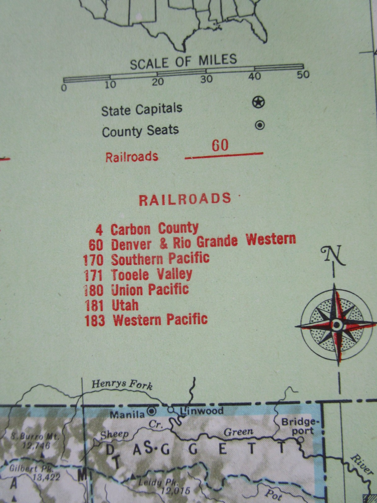 TX UT Vtg 1951 TEXAS RAILROAD Map. QUANAH ACME & PACIFIC RR ~or~ UTAH 1950s
