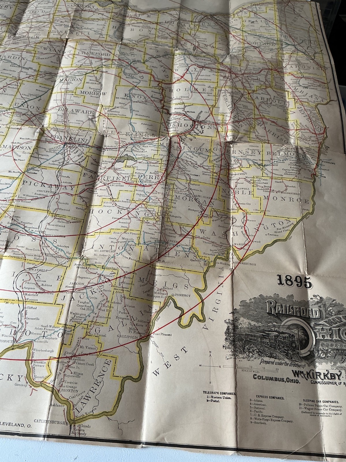 1895 Ohio Railroad Train Railway Original Folding Map Wm Kirby State 19th Centur
